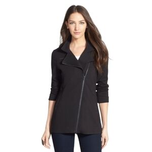 Eileen Fisher Moto Style Jacket Knit Long Line Black Organic Cotton Size Large